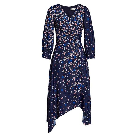 Eliza J Women Faux Wrap Multicolor Polka Dot Midi V Neck Fit & Flare Dress 8 New - Picture 4 of 10